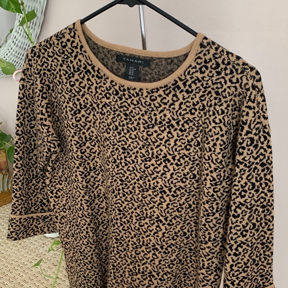 Tahari Animal Print Long Sleeve Top - Black and Tan - Picture 4 of 5
